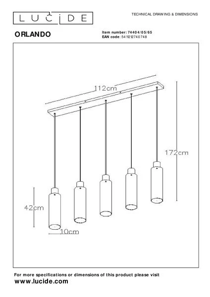 Lucide ORLANDO - Pendelleuchten - 5xE27 - Rauchfarbe Grau - technisch